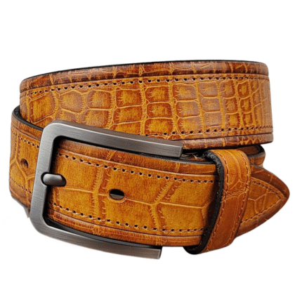 Crocodile Embossed Leather Belt - Men's Classic Tan Dress Belt