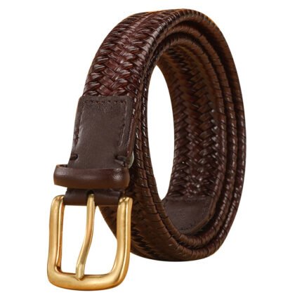 Woven Braided Leather Belt - Brown Men’s Belt with Gold Buckle
